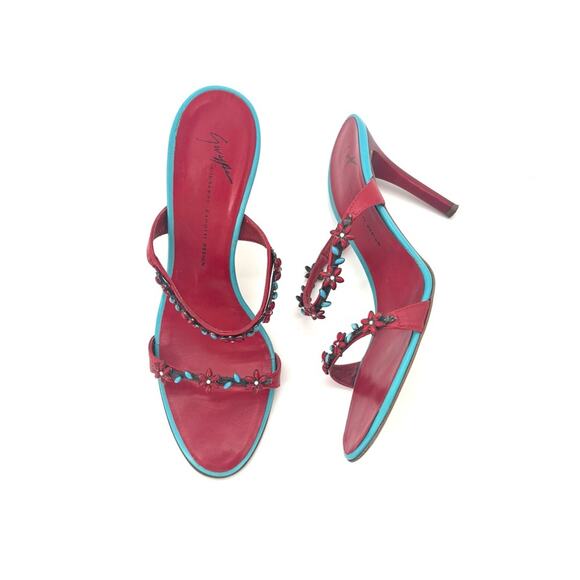 Vintage Giuseppe Zanotti Red Turquoise Floral Embellished Mules Sandals  37 - Picture 3 of 12